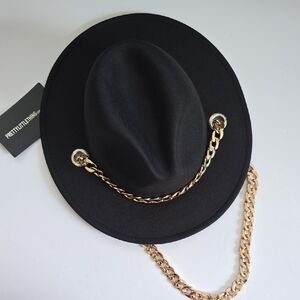 PrettyLittleThing Elegant Black Hat with Gold Chain Accent